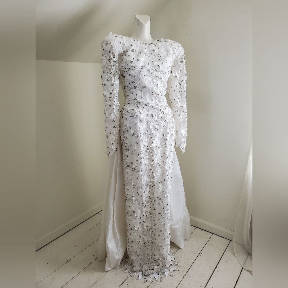 80s Vintage Demetrios Beaded Long Sleeve Pencil Wedding Gown